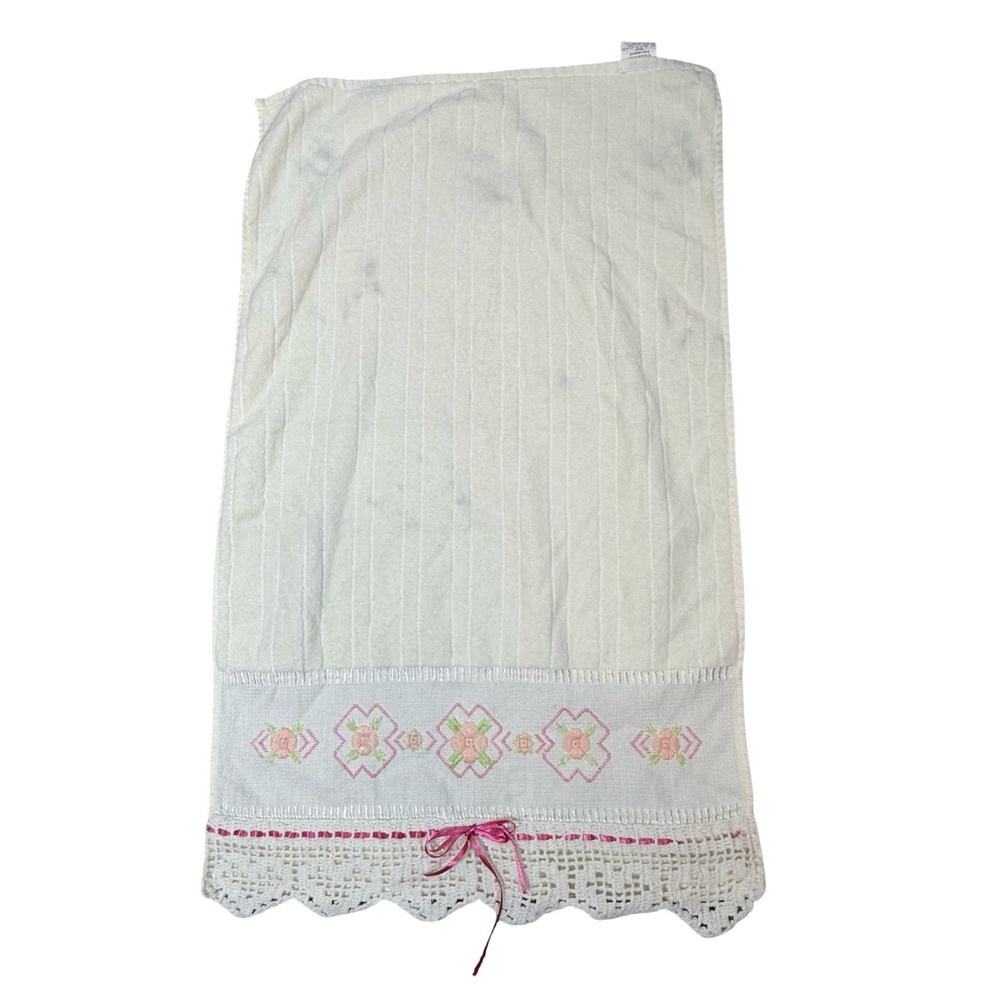 Bella White Cotton Hand Towel Floral Cross Stitch Crochet Lace Trim Pink Ribbon